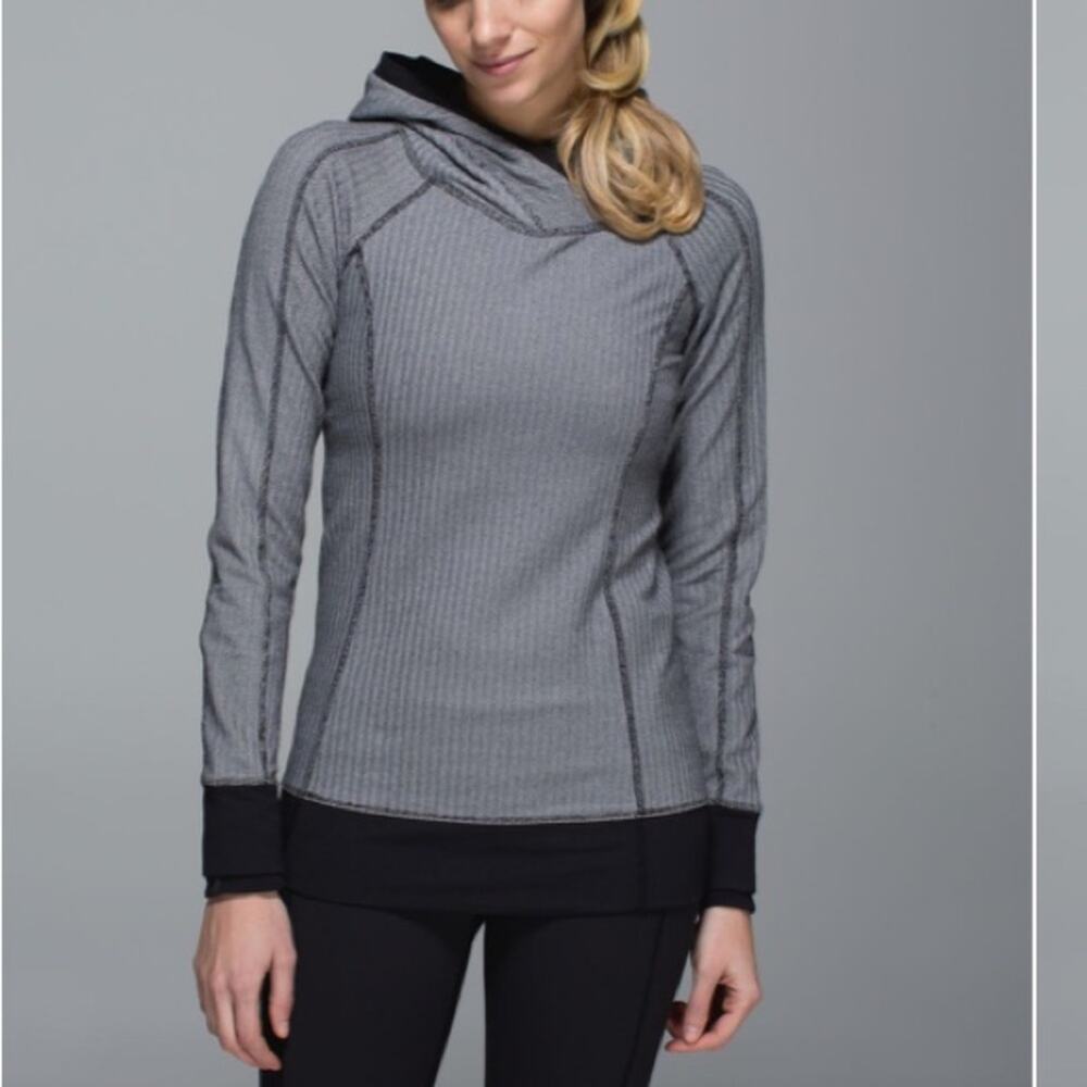 Lululemon size 12 Think Fast Hoodie black gray cowl herringbone pullover silver
